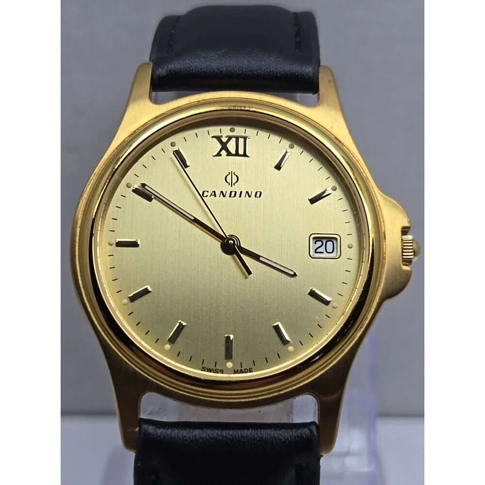 Candino Swiss Made Gold Tone Date Dress Watch Leather Band New Battery Ref 13854